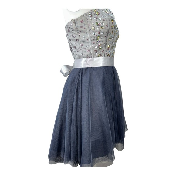 Nights By Teeze Me Junior Sz 7 Strapless Sweetheart Neck Fit & Flare Dress Gray - Picture 3 of 11